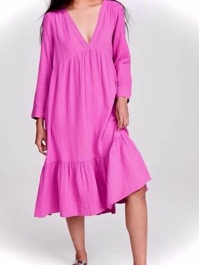 Xirena V-Neck Long Sleeve Ruffle Midi Dress in Purple-Pink Orchid
